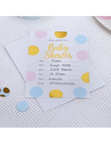 10 Invitations Baby Shower Fille Ou Garçon Pois Bleus, Roses Et Dorés 1 10 Invitations Baby Shower Fille Ou Garçon Pois Bleus, Roses Et Dorés