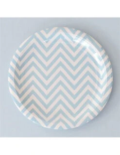 12 Petites Assiettes Blanches Chevrons Bleu Ciel