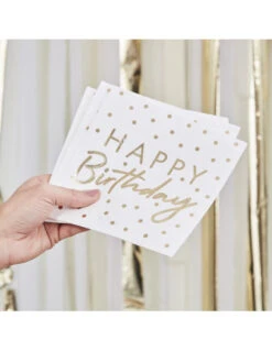 16 Serviettes Happy Birthday Et Pois Dorés