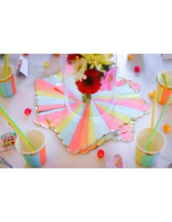 16 Serviettes Rayures Pastels Multicolores Bordure Frise Dorée