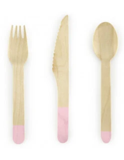 18 Couverts En Bois Touche Rose Pastel