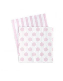 20 Petites Serviettes Blanches Pois Et Rayures Rose Pastel