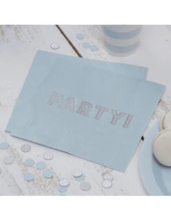 20 Serviettes Bleu Ciel Ecriture PARTY ! Argent