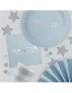 20 Serviettes Bleu Ciel Ecriture PARTY ! Argent -Déco Festive Soldes 20 serviettes bleu ciel avec ecriture party argent 3