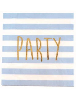 20 Serviettes Rayures Bleu Ciel Party Doré