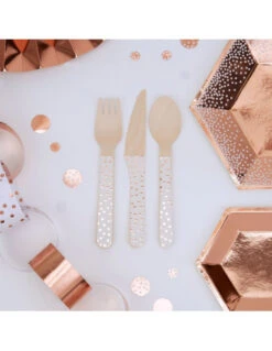 24 Couverts En Bois Pois Rose Gold