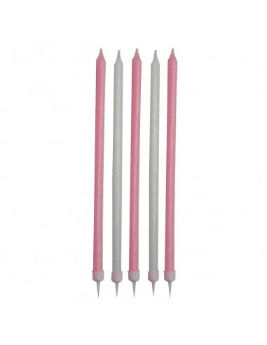 24 Longues Bougies Roses Et Blanches A Paillettes 1 24 Longues Bougies Roses Et Blanches A Paillettes
