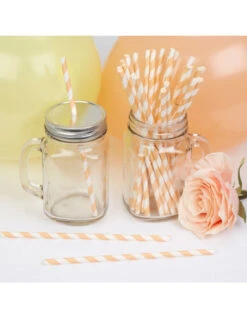 25 Pailles En Papier Rayures Pêche Blanches -Déco Festive Soldes 25 pailles en papier rayures peche blanches 2