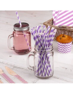 25 Pailles En Papier Retros à Rayures Lilas Et Blanches