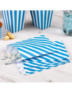 25 Sachets En Papier Rayés Turquoise Et Blanc