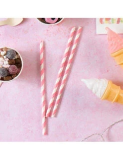 30 Pailles En Papier Rayures Rose Et Blanc