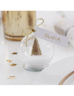 4 Marque Places Boule De Noel Neige & Sapin Doré