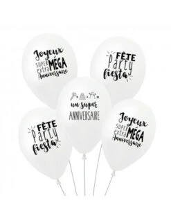 5 Ballons Anniversaire Blancs Ecriture Noire
