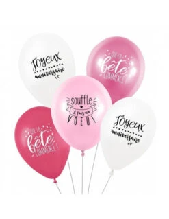 5 Ballons Anniversaire Roses Et Blancs