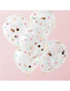 5 Ballons Confettis Fleurs Pastels, Rose Gold