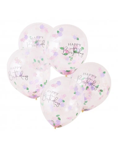 5 Ballons Happy Birthday Transparents Confettis Fleurs 2 5 Ballons Happy Birthday Transparents Confettis Fleurs – Image 2