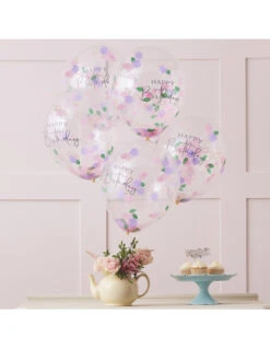 5 Ballons Happy Birthday Transparents Confettis Fleurs