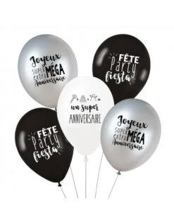 5 Ballons "Joyeux Anniversaire", Blanc, Noir, Argent