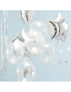 5 Ballons Transparents Confettis Etoiles Irisées Argent -Déco Festive Soldes 5 ballons transparents avec confettis etoiles irisees argent a l interieur 2