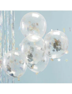 5 Ballons Transparents Confettis Etoiles Irisées Argent
