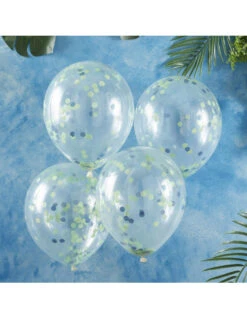 5 Ballons Transparents Avec Confettis Verts Et Bleus