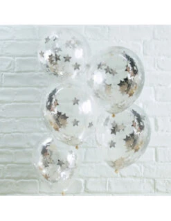 5 Ballons Transparents Confettis Etoiles Argent