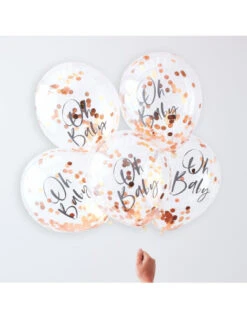 5 Ballons Transparents Ecriture Oh Baby Confettis Rose Gold