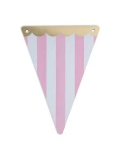 5 Fanions Triangles Rayés Rose Et Blanc Frise Dorée