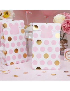 5 Pochettes Cadeaux Fond Blanc Pois Dorés Et Roses