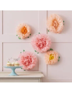 5 Pompons Fleurs Rose Pastel Et Pêche