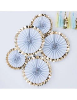 5 Rosaces Rayures Bleu Ciel Et Blanches, Bordure Dorée