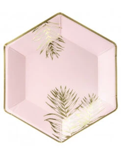 6 Assiettes Rose Pastel Feuilles De Palmiers Dorées -Déco Festive Soldes 6 assiettes rose pastel feuilles de palmiers dorees 2
