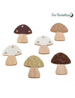 6 Champignons En Bois Adhésifs Avec Paillettes