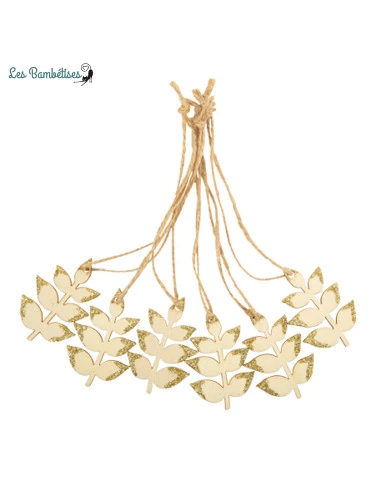 6 Etiquettes Feuilles En Bois Clair & Paillettes 1 6 Etiquettes Feuilles En Bois Clair & Paillettes