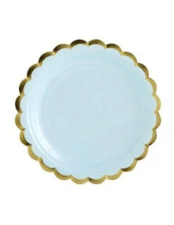 6 Petites Assiettes Bleu Pastel Bordure Dorée 18 Cms