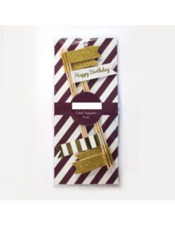 6 Piques Drapeaux Dorés Et Happy Birthday