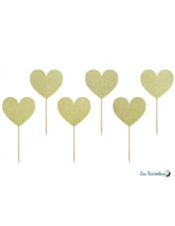 6 Piques Gateaux Coeurs Paillettes Dorées