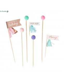 7 Cake Toppers Anniversaire & Pompons