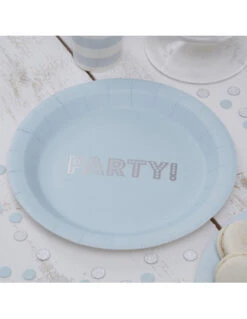 8 Assiettes Bleu Ciel Ecriture PARTY ! Argent