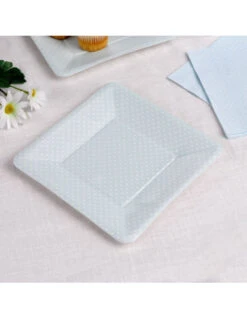 8 Assiettes Carrées Bleu Ciel Plumetis Blancs