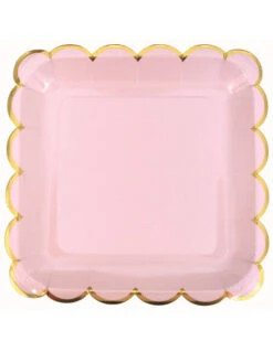 8 Assiettes Carrées Roses Et Or 22.5Cms