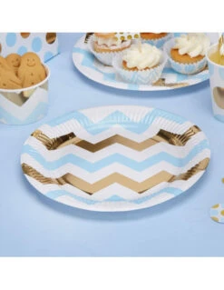 8 Assiettes Chevrons Dorés Et Bleu Ciel