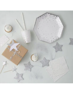 8 Assiettes En Carton Fond Blanc Etoiles Argent -Déco Festive Soldes 8 assiettes en carton fond blanc etoiles argent 2