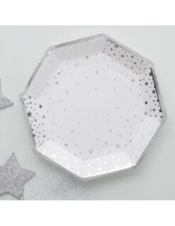 8 Assiettes En Carton Fond Blanc Etoiles Argent