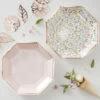 8 Assiettes Fleurs Et Pois Rose Pastel Bordure Rose Gold