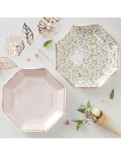 8 Assiettes Fleurs Et Pois Rose Pastel Bordure Rose Gold