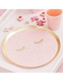 8 Assiettes Rose Pastel Cils Et Pois Dorés