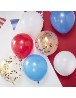 8 Ballons Bleus, Rouges, Blancs, Transparents Confettis Dorés