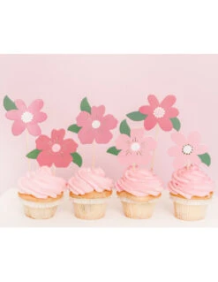 8 Cake Toppers Avec Fleurs En Carton 13 Cms