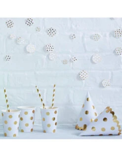 8 Gobelets Blancs Grands Pois Dorés -Déco Festive Soldes 8 gobelets blancs grands pois dores 2